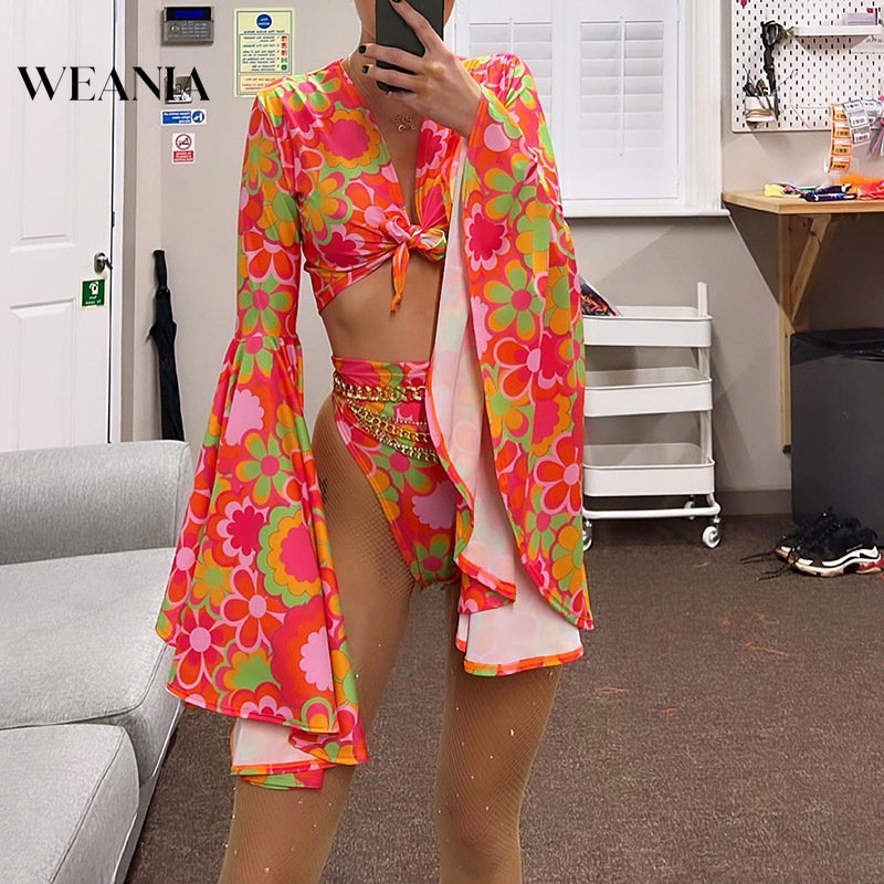 Bộ Bikini Hai Mảnh Lưng Cao Ống Loe In Hoa Phong Cách Retro Cho Nữ