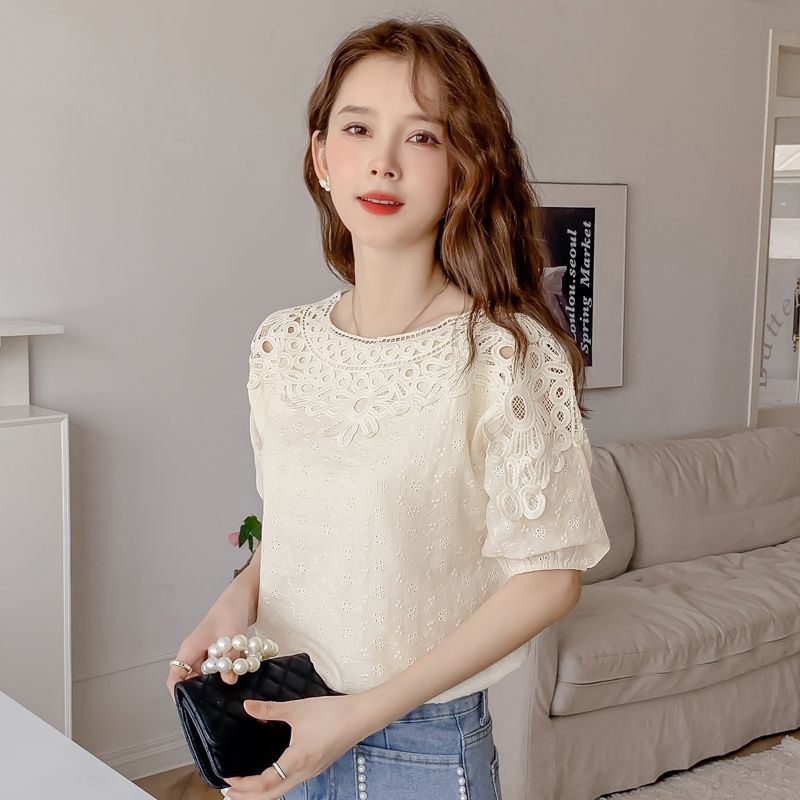 Áo Sơ Mi Chiffon Cổ Tròn Tay Ngắn Phối Ren Lỗ Thời Trang Mùa Hè Hàng Mới 2023