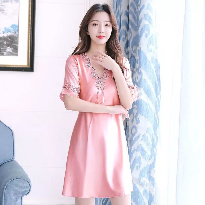 Đầm Ngủ Vải Lụa Lạnh Tay Ngắn Phối Ren Sang Trọng Thời Trang Mùa Hè Cho Nữ