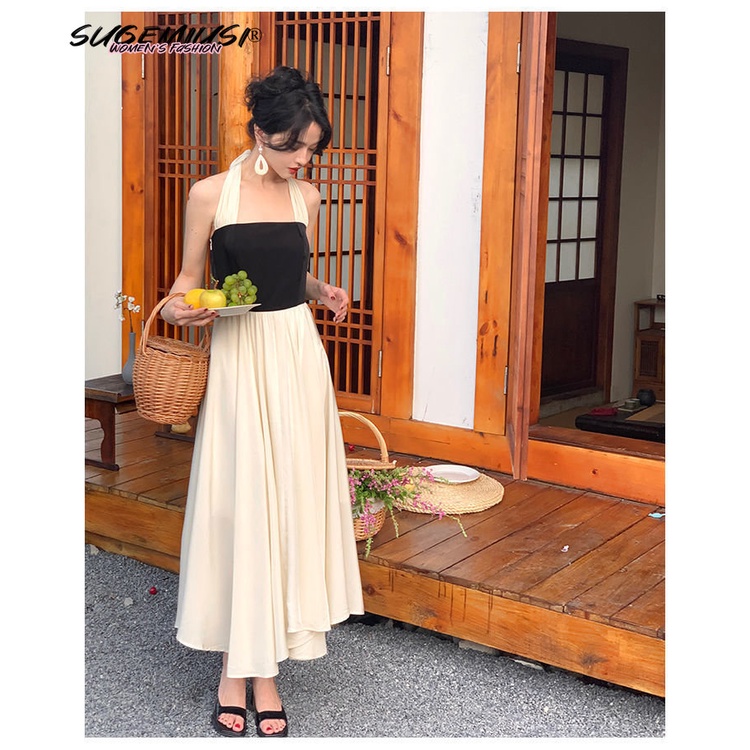 Sugemiusi Đầm Dài Dáng Ôm Cổ Hẹp Màu Sắc Tương Phản Thời Trang Mùa Hè Dành Cho Nữ