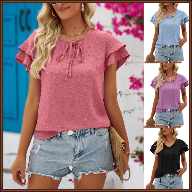 Áo Sơ Mi Chiffon Cổ Tròn Tay Ngắn Phối Bèo Và Quả Bông Thời Trang Mùa Hè Cho Nữ