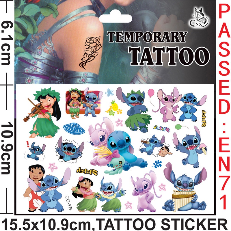Miếng Dán Hình Xăm Lilo Và Stitch Đáng Yêu &amp; Sticker Hoạt Hình Stitch Chống Thấm Nước Dễ Thương Cho Bé