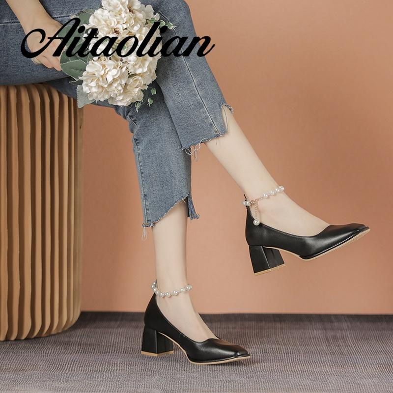 Giày Cao Gót 5cm Da Mềm Mũi Vuông Đính Ngọc Trai Kiểu retro Anh Dễ Thương Cho Nữ