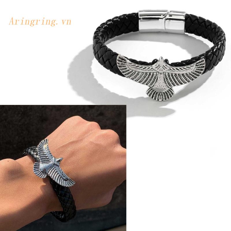 Vòng Tay Da PU Dây Bện Mặt Đại Bàng Cá Tính Cho Nam