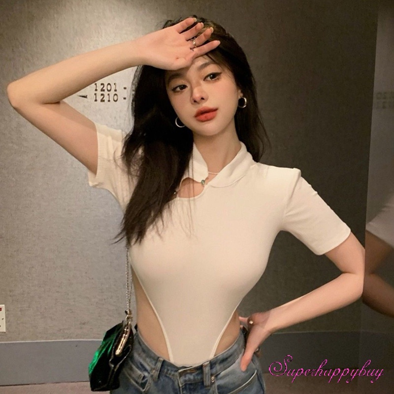 Bộ Áo Liền Quần Tay Ngắn Dáng Ôm Khoét Lỗ Eo Cao Màu Sắc Đơn Giản Thời Trang Cho Nữ