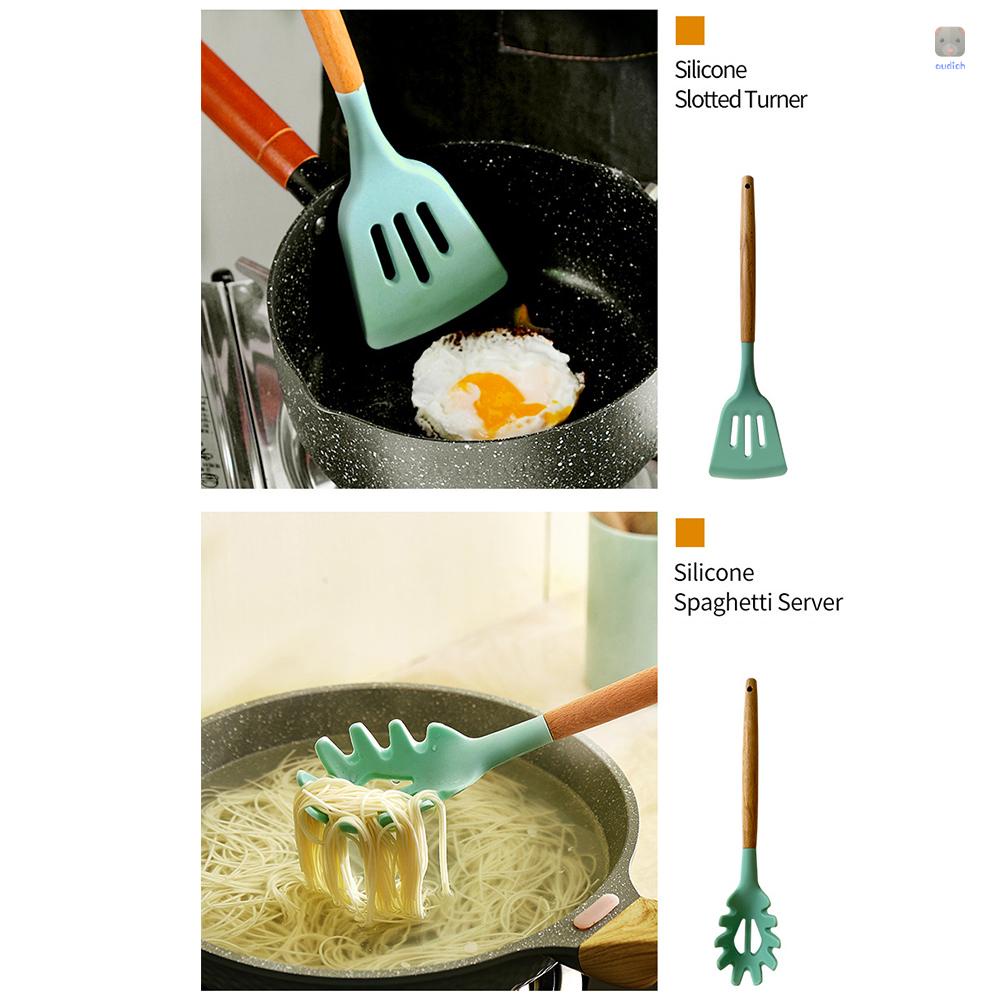 Bộ 12 Dụng Cụ Nấu Ăn Bằng Silicone Cán Gỗ Cách Nhiệt Chống Dính