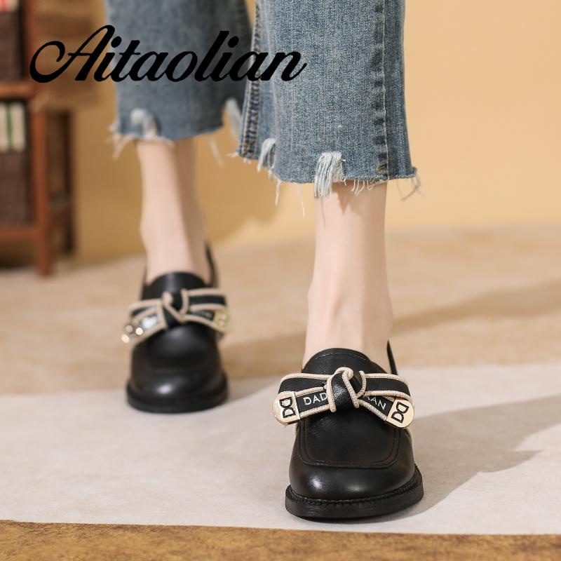 Giày Lười Da Thật Đế Bằng 4.5cm Thắt Nơ Xinh Xắn Hợp Thời Trang Cho Bạn Gái