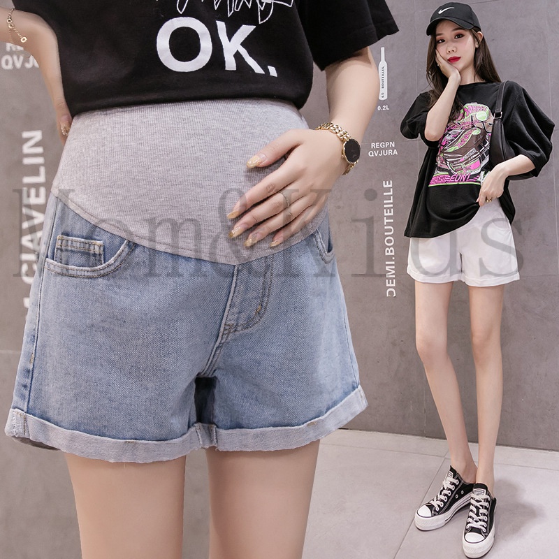Mom&Kids Ready Stock Quần Short Denim Dáng Rộng Nâng Bụng Thời Trang Mùa Hè Cho Mẹ Bầu