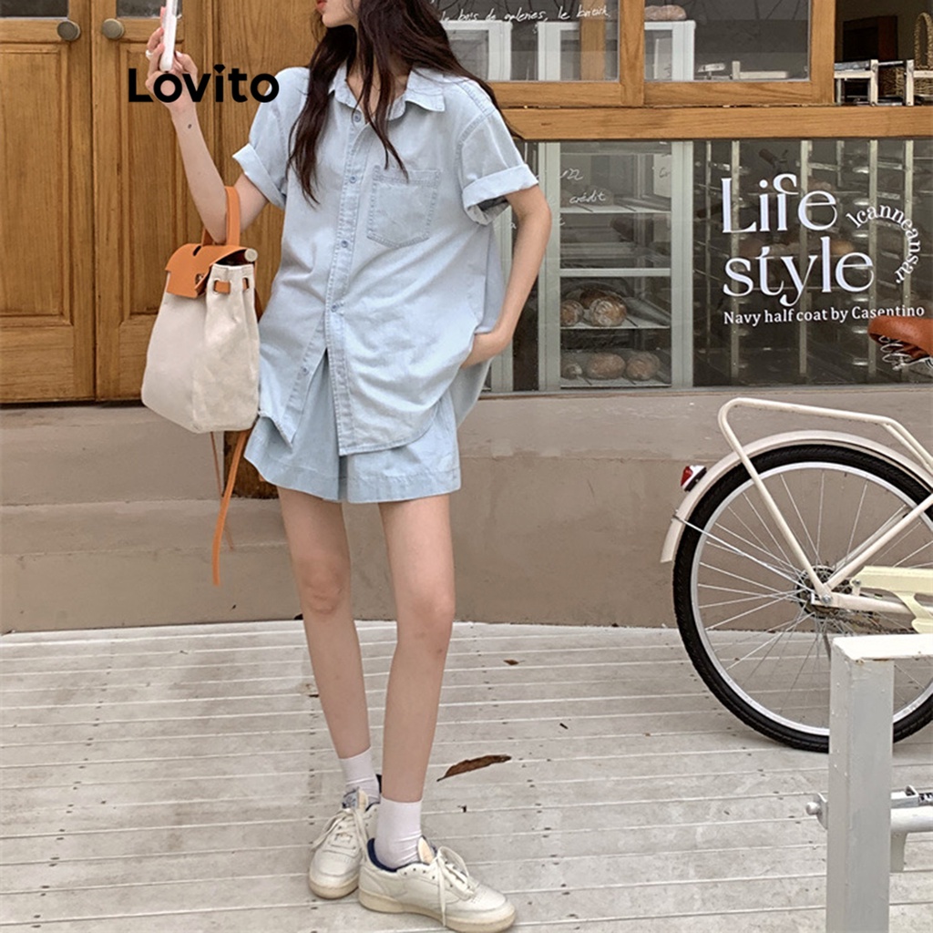 Bộ đồ denim tay ngắn cổ trơn có túi Lovito cho nữ LNA11047 (xanh dương nhạt)