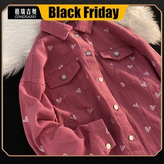 CONGRAZIO/ Greggio early autumn love embroidered denim jacket women's thin Korean version of lovers' loose sweaters