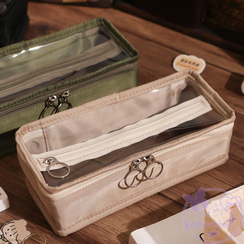 Túi Đựng Bút Trong Suốt Hai Ngăn Có Khóa Kéo Họa Tiết Hoạt Hình Sức Chứa Lớn