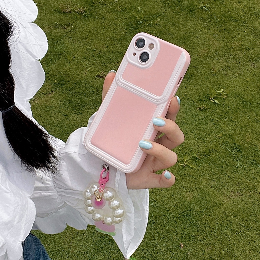 Ốp Điện Thoại tpu Silicon Mềm Màu Kẹo Có Ngăn Đựng Thẻ Và Dây Đeo Ngọc Trai Cho iPhone 14 13 12 11 PRO MAX