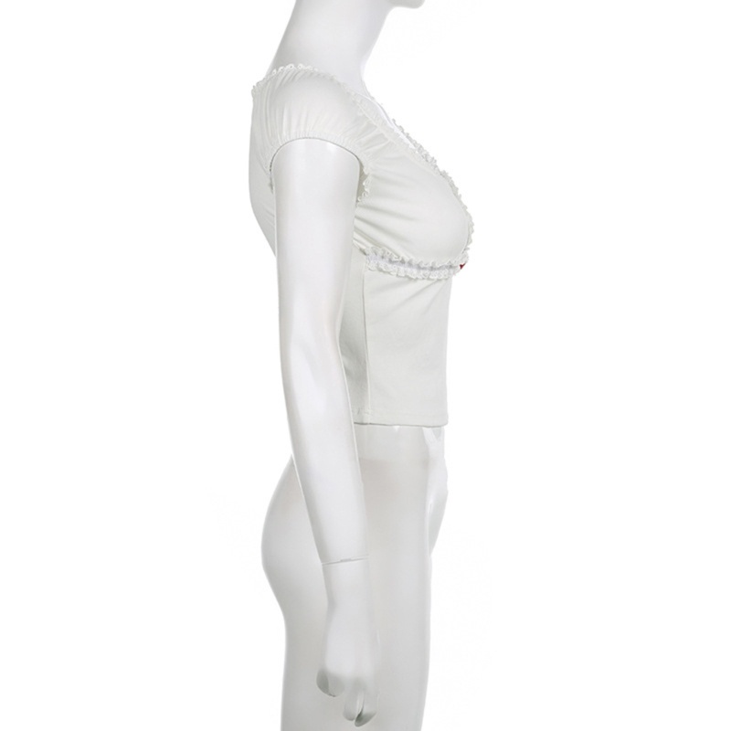 Áo Croptop Tay Ngắn Phối Bèo Thời Trang Cho Nữ