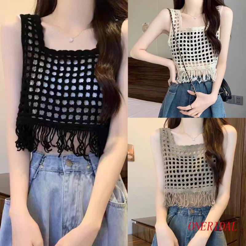 Áo Croptop Dệt Kim Không Tay Viền Tua Rua Thời Trang Cho Nữ