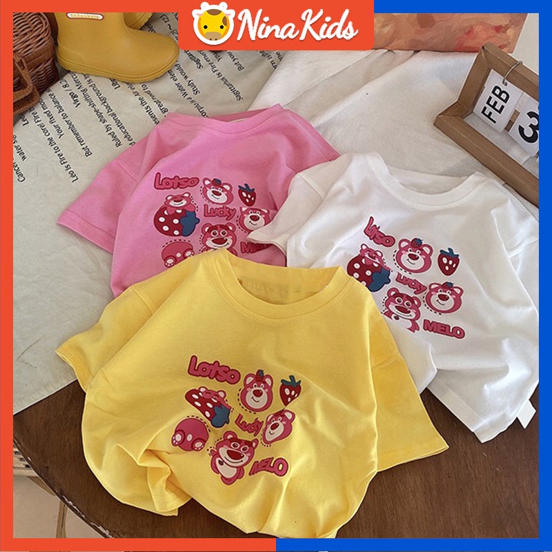Áo Thun Cotton Tay Ngắn In Hình Gấu Và Dâu Tây Dễ Thương Phong Cách Hàn Quốc Cho Bé 0-7 Tuổi