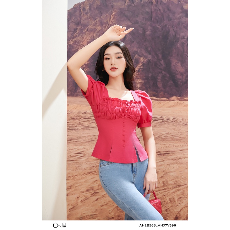 Áo thô hồng cổ vuông tay bồng nhún ngực Orchid - AH2B568