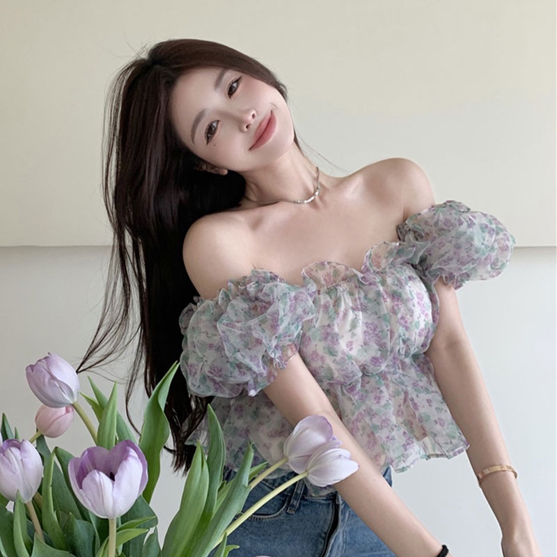 Áo Kiểu Trễ Vai Tay Phồng In Họa Tiết Hoa Thời Trang Mùa Hè Xinh Xắn Cho Nữ