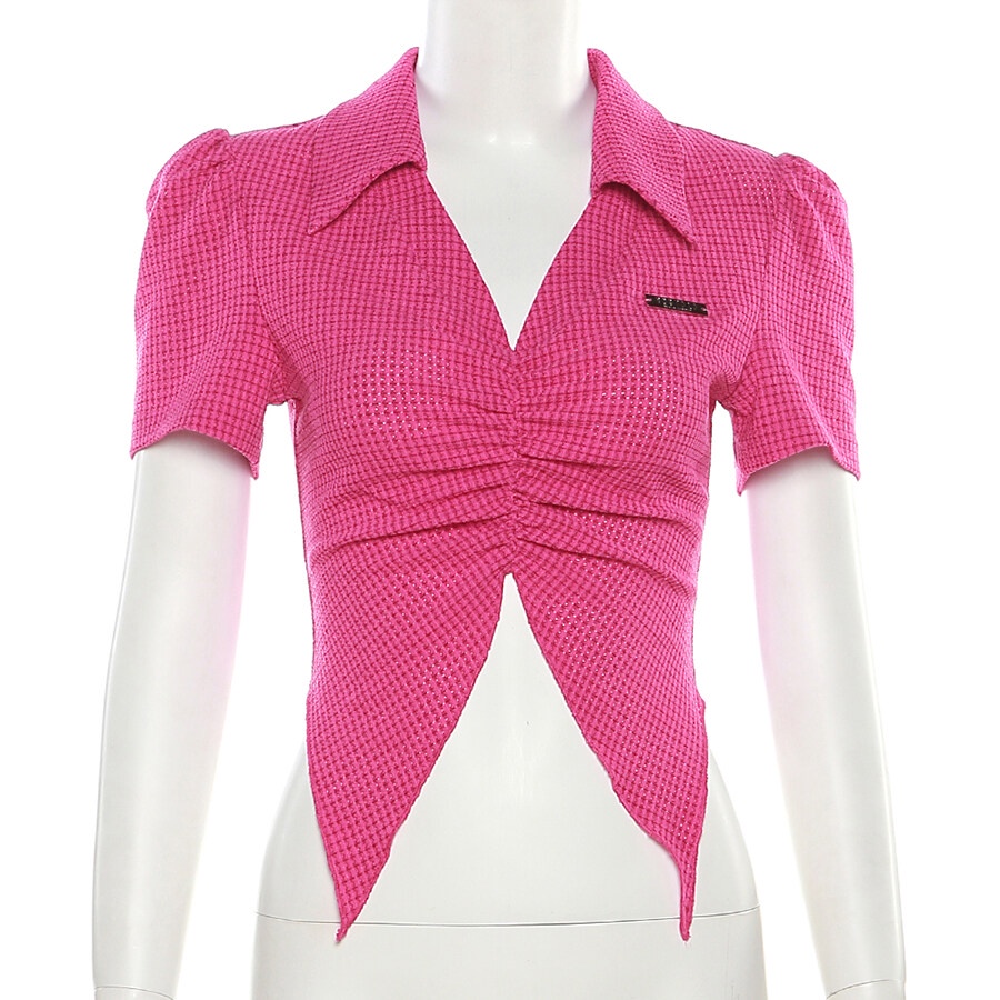 Weird Puss Áo Croptop Tay Ngắn Cổ Chữ V Họa Tiết Sọc Caro Ngọt Ngào Thời Trang Cho Nữ