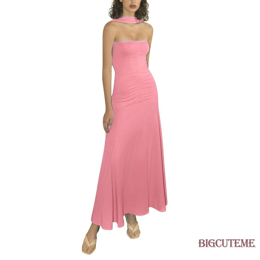 Đầm Hai Dây Mùa Xuân Hè Xếp Ly Màu Sắc Trơn Cổ Yếm Không Tay Cho Nữ