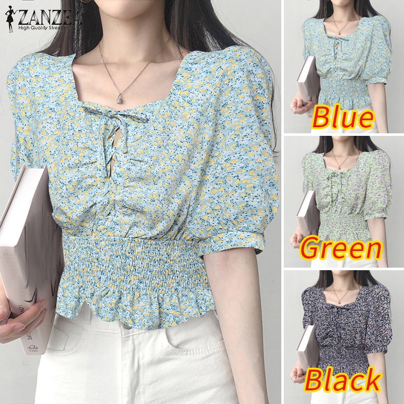 Áo kiểu ZANZEA cổ vuông tay phồng in họa tiết hoa phong cách Hàn Quốc thời trang cho nữ