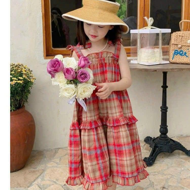 Váy hai dây màu sọc caro xinh cho bé gái 6-24kg