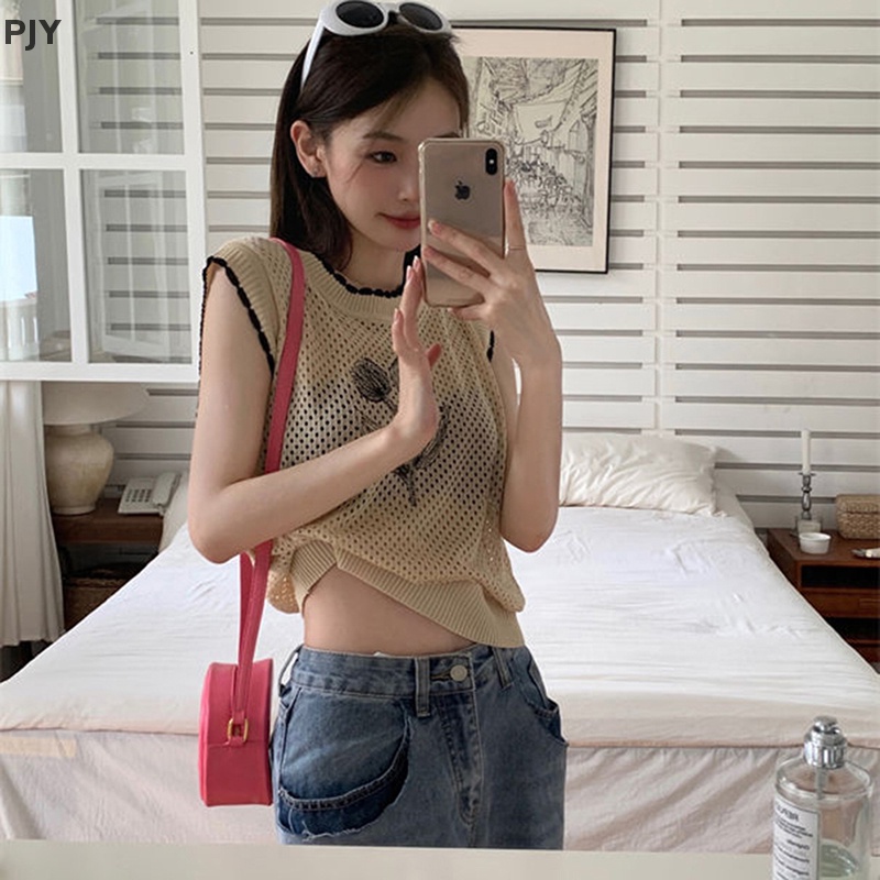 Áo Dệt Kim Sát Nách Dáng Rộng In Hoa Khoét Rỗng Kiểu Retro Thời Trang Mùa Hè Cho Bạn Gái PJ