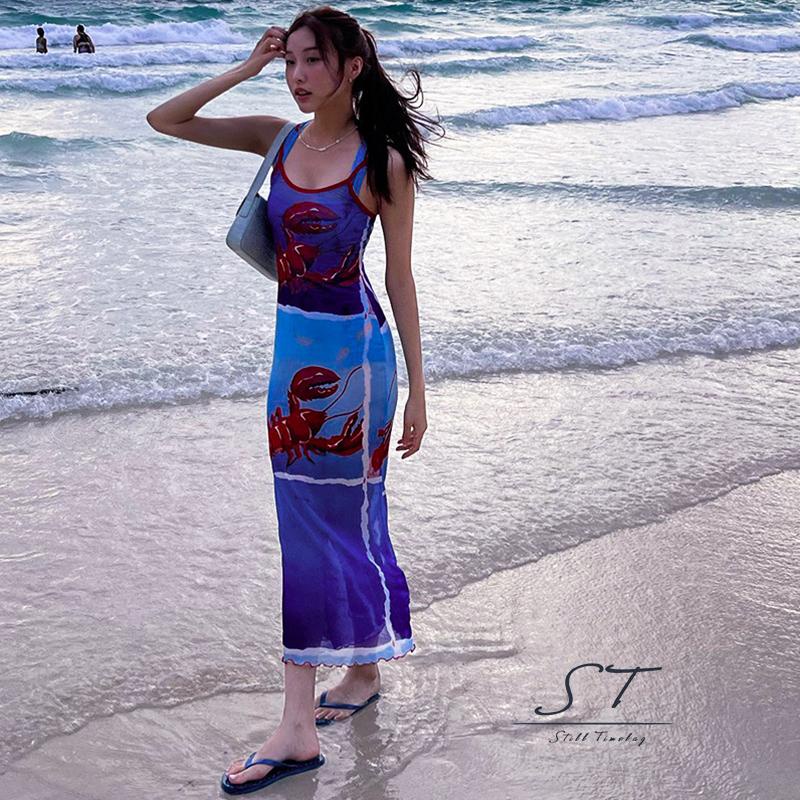 Đầm Hai Dây Dáng Dài Họa Tiết Tôm Hùm Thời Trang Mùa Hè CY03 Cho Nữ