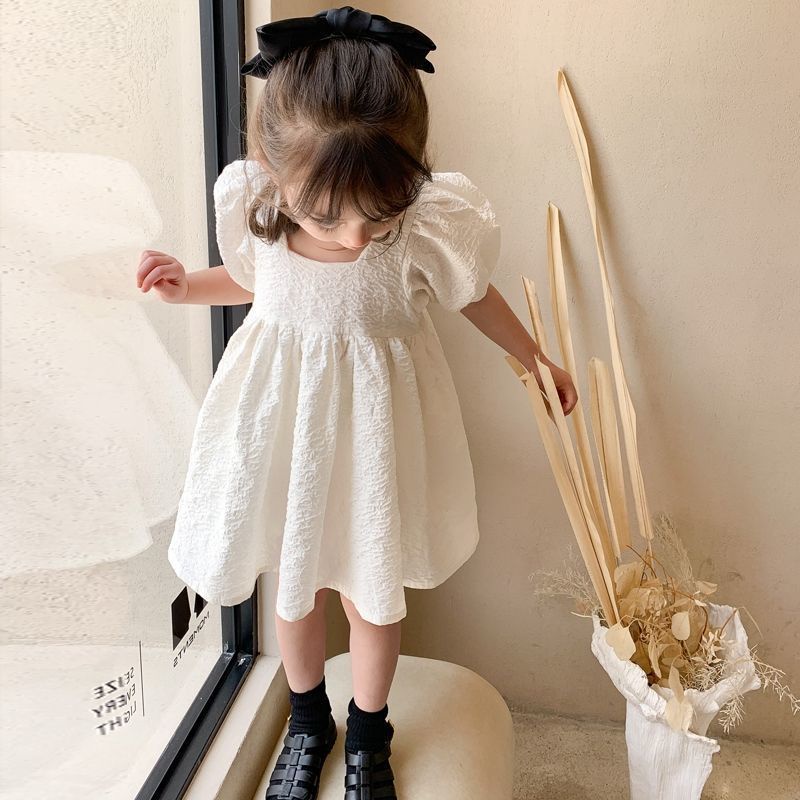 Đầm Công Chúa Tay Ngắn Phồng Màu Trơn Mẫu Mới 2023 Phong Cách Hàn Quốc Thời Trang Mùa Hè Cho Bé