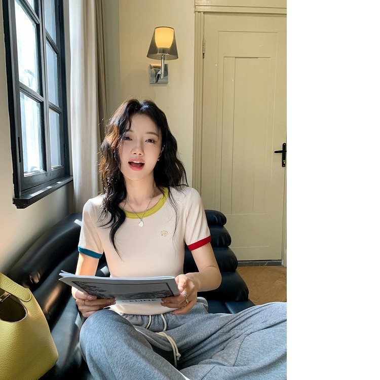 Áo Thun Lụa Tay Ngắn Dáng Ôm Màu Sắc Tương Phản Thời Trang Mùa Hè Cho Nữ