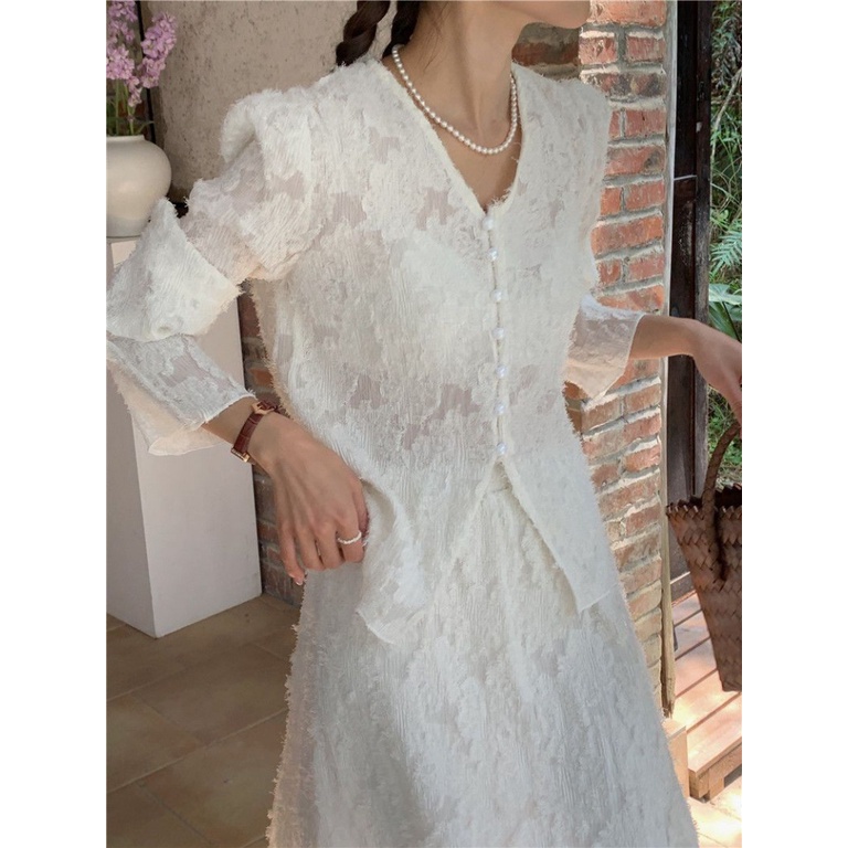 Bộ Áo Cardigan Dài Tay Cổ Chữ V Phối Ren + Chân Váy Dài Vừa Thời Trang Mùa Xuân 2023 Phong Cách Pháp Độc Đáo Cho Nữ