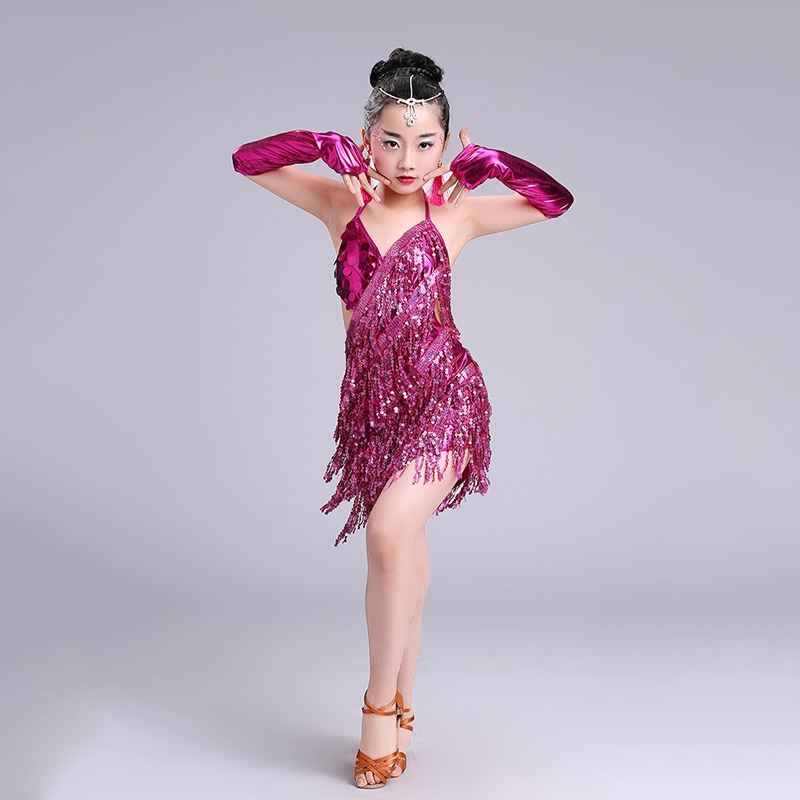 Đầm Khiêu Vũ Latin Đính Kim Sa Tua Rua Màu Đỏ Cho Bé Gái