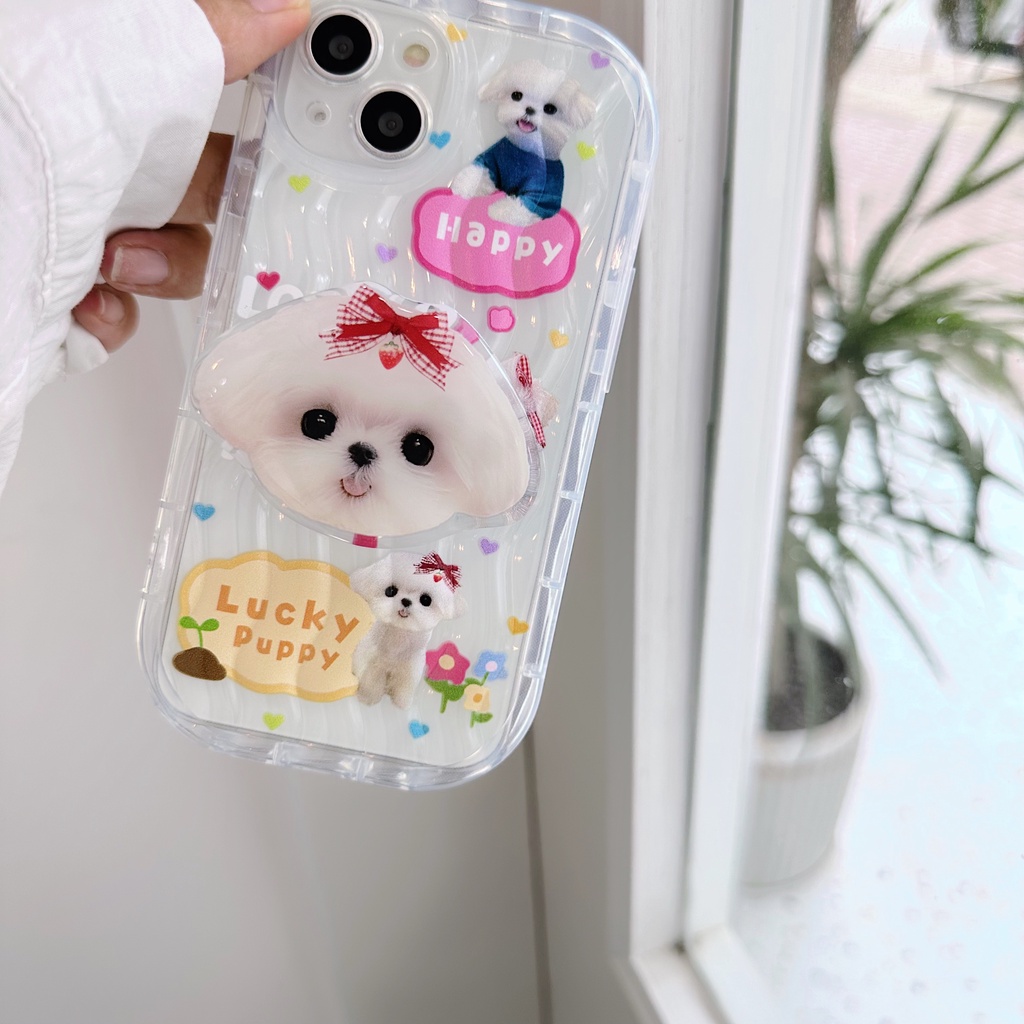 Ốp Điện Thoại Tpu Dẻo Trong Suốt Họa Tiết Chú Chó Trắng Dễ Thương Kèm Giá Đỡ Chống Rơi Cho iPhone 14 Plus 13 12 11 Pro Max