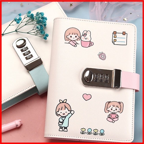 Sổ Tiết Kiệm Đựng Tiền, Sổ Đựng Tiền Khóa Mã Số, Bìa Da PU 6 Còng 4 Túi Zip A6, 100 Tờ Giấy Tặng Kèm Sticker