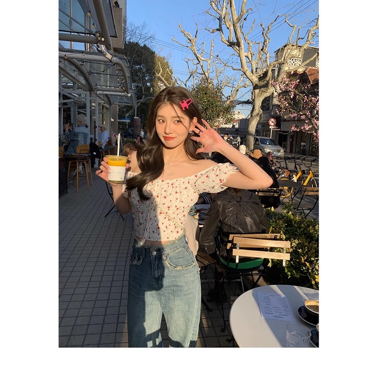 Áo Kiểu Cổ Vuông Tay Ngắn In Họa Tiết Hoa Nhí Xinh Xắn Thời Trang Hè Kiểu Pháp