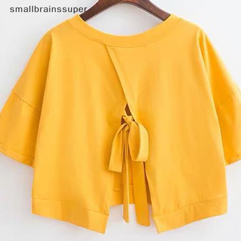 Áo Thun Crop Top Tay Ngắn Cổ Chữ V Hở Lưng Màu Trơn Thời Trang Mùa Hè Cho Nữ