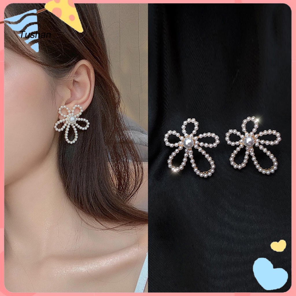 1 Đôi Bông Tai Hoa Đính Ngọc Trai Giả Phong Cách Vintage