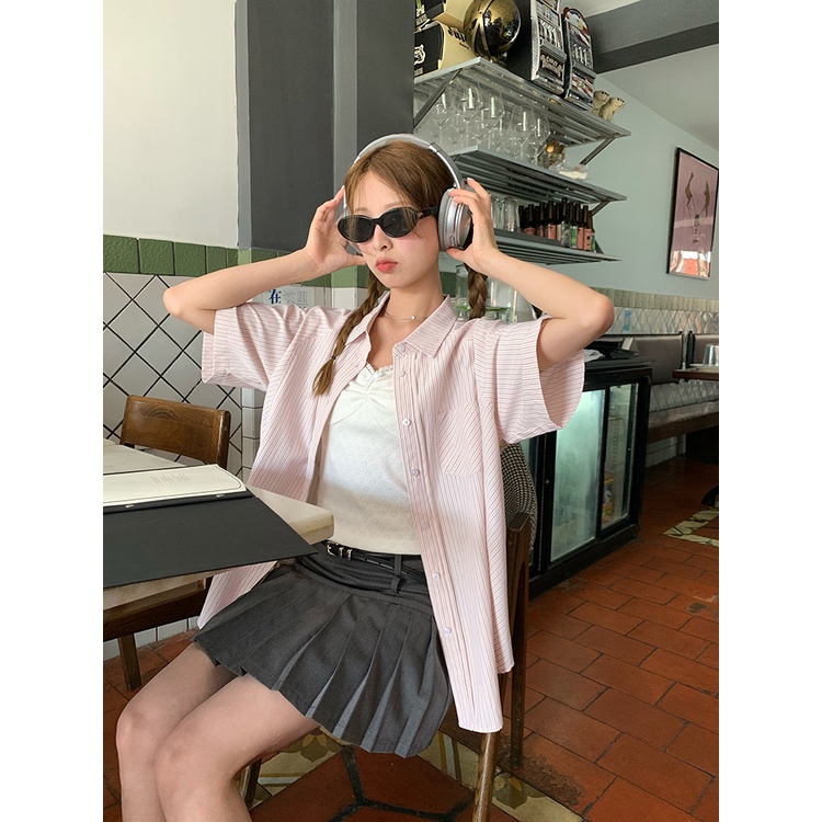 SUXI Áo Sơ Mi Chống Nắng Dáng Rộng Tay Ngắn Kẻ Sọc Thời Trang Mùa Hè Cho Nữ