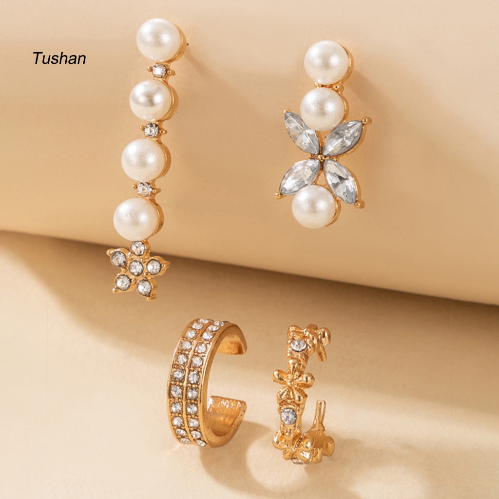 Set 4 Khuyên Tai Hình Bông Hoa Đính Đá Xinh Xắn Dành Cho Nữ