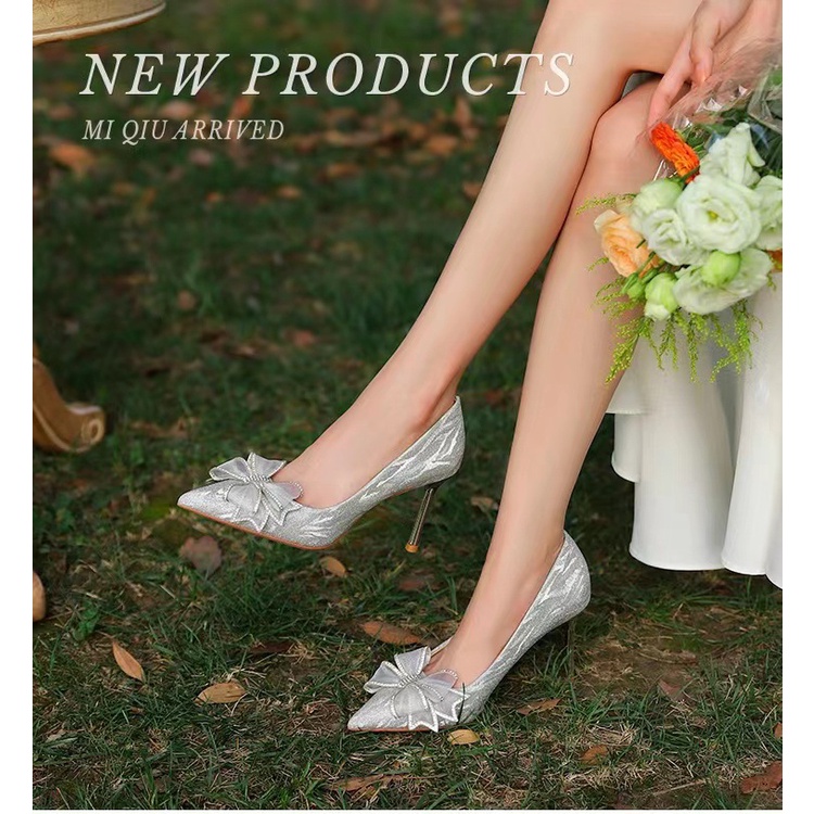 Giày Cao Gót Pha Lê Mỏng Mũi Nhọn Đính Nơ Thời Trang Mới 2023 Cho Nữ