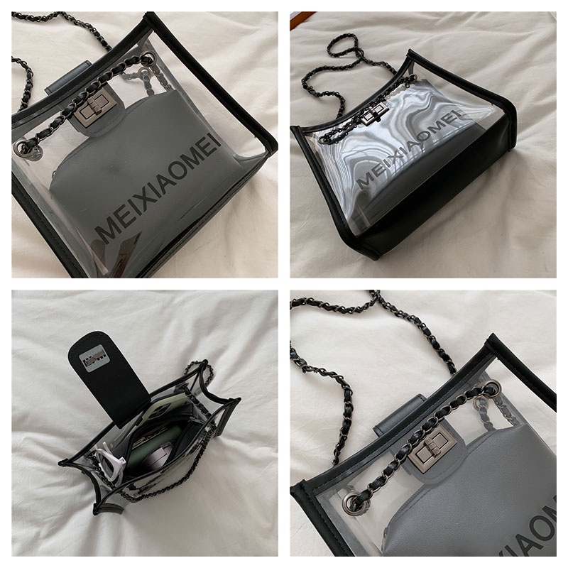 Túi Đeo Chéo Trong Suốt Phối Dây Xích Phong Cách Hàn Quốc Thời Trang Cho Nữ