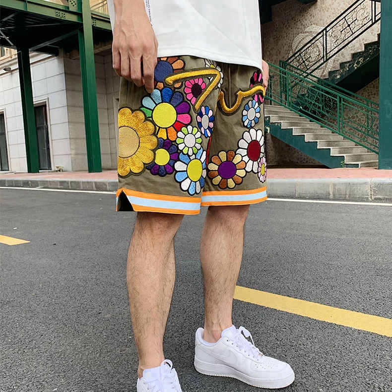 Fashionable New Embroidered Gold Thread SUNFLOWER Shorts Men's Loose Cargo Sports Pants Thin and All-Matching Shorts GRoa