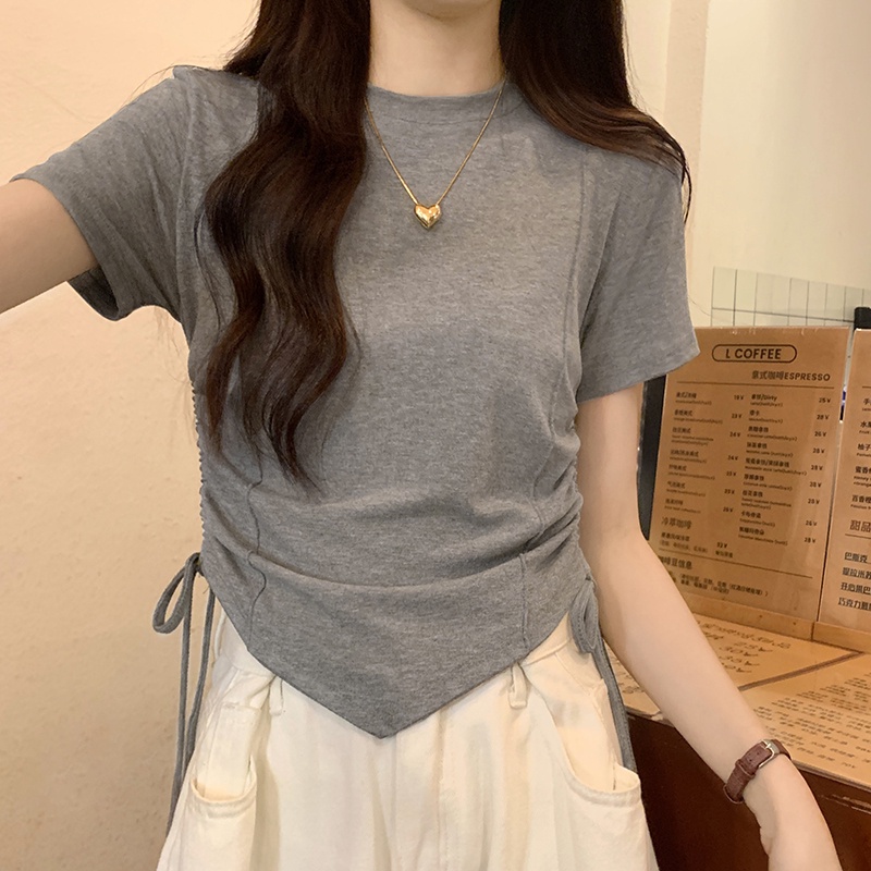 Áo Thun Ngắn Cổ Tròn Dây Rút Lệch Tà Màu Trơn Thời Trang Mùa Hè Mới Cho Nữ
