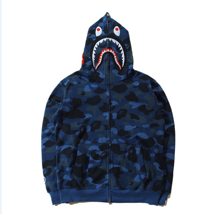 Áo Khoác Hoodie Dáng Rộng In Họa Tiết Đầu Cá Mập bape Rằn Ri Hai Đường Kẻ Thiết Yếu Cho Nam