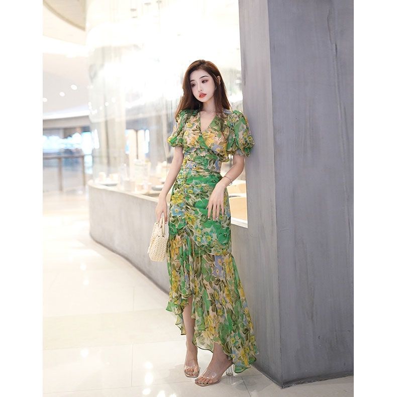 Đầm Mùa Hè 2023 Eo Hẹp Cao In Họa Tiết Màu Xanh Lá Đậm Sang Trọng Thời Trang Cao Cấp