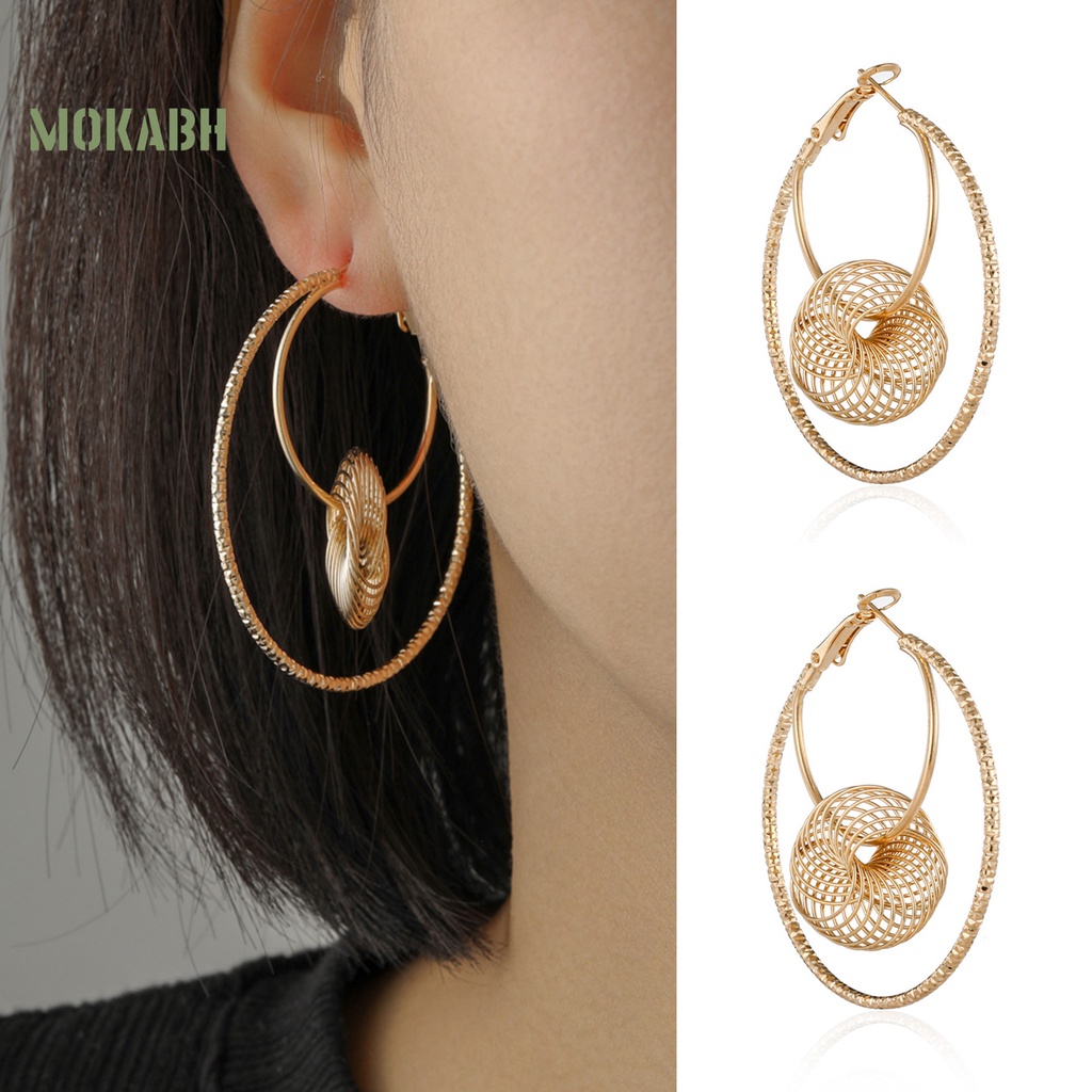 1 Đôi Bông Tai Tròn Hai Lớp Bằng Kim Loại Thời Trang