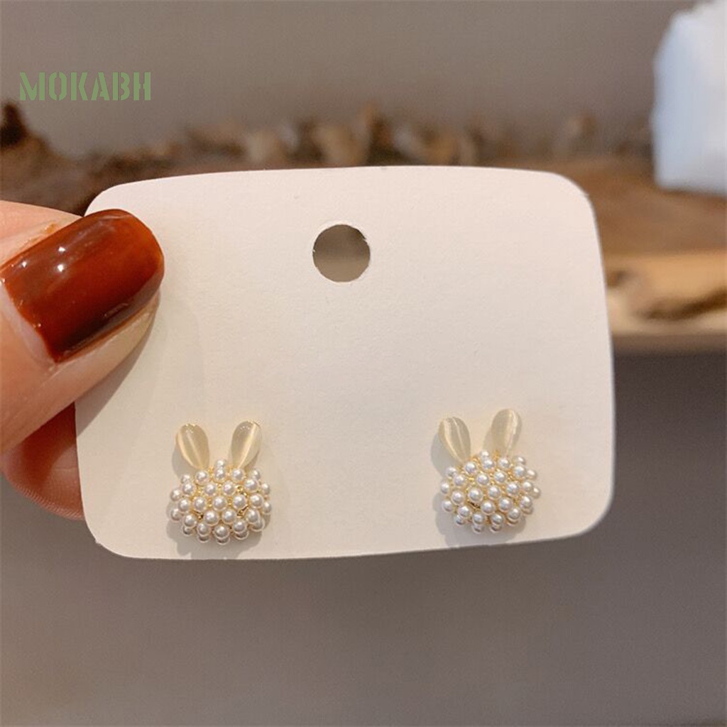 1 Đôi Bông Tai Hình Thỏ Đính Ngọc Trai Giả Thời Trang