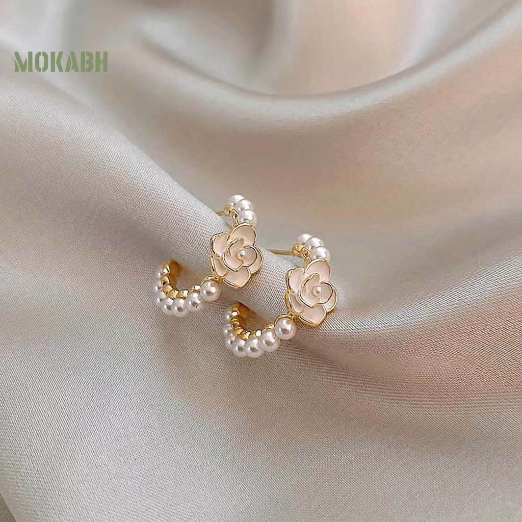 1 Đôi Bông Tai Tròn Đính Hoa Trà Phong Cách Pháp Thanh Lịch Không Phai Màu