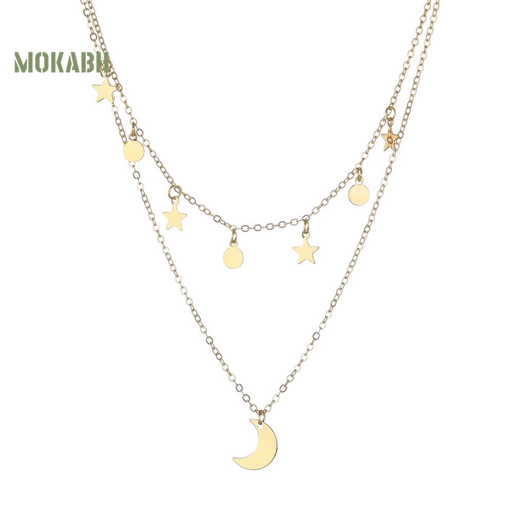 [Mới] Vòng cổ Hai Lớp Mặt Hình Ngôi Sao Mặt Trăng Bằng Kim Loại Có Thể Điều Chỉnh Không Gây Dị Ứng