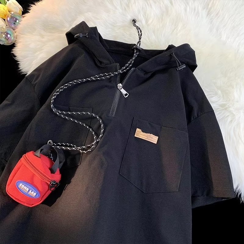 Áo Thun Tay Ngắn Có Mũ Trùm Đầu Và Khóa Kéo Phong Cách Thời Trang Nhật Bản Cho Nam Giới