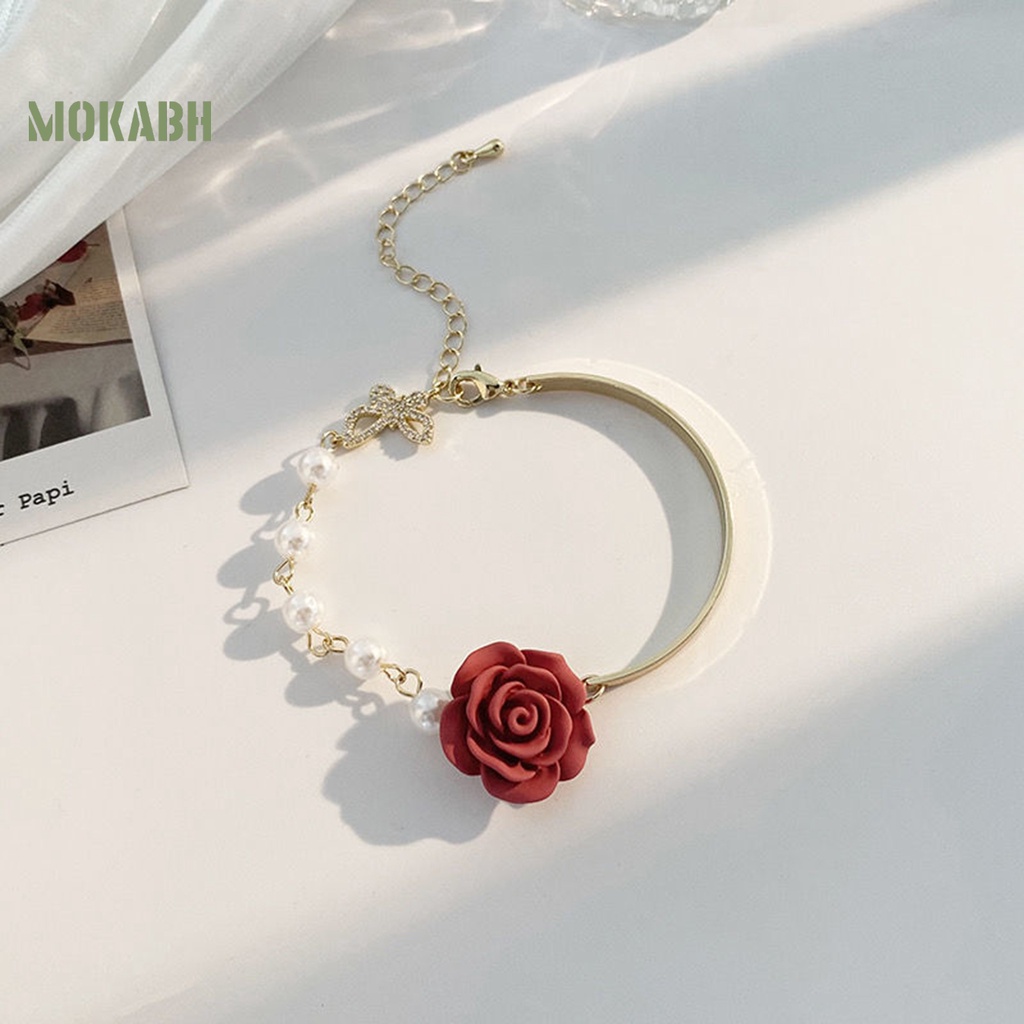 [Mới] Vòng Đeo Tay Đính Hoa Hồng Mạ Điện Không Phai Màu Đính Ngọc Trai Giả Thắt Nơ Có Thể Điều Chỉnh Trang Sức Dự Tiệc Cao Cấp Kiểu Pháp